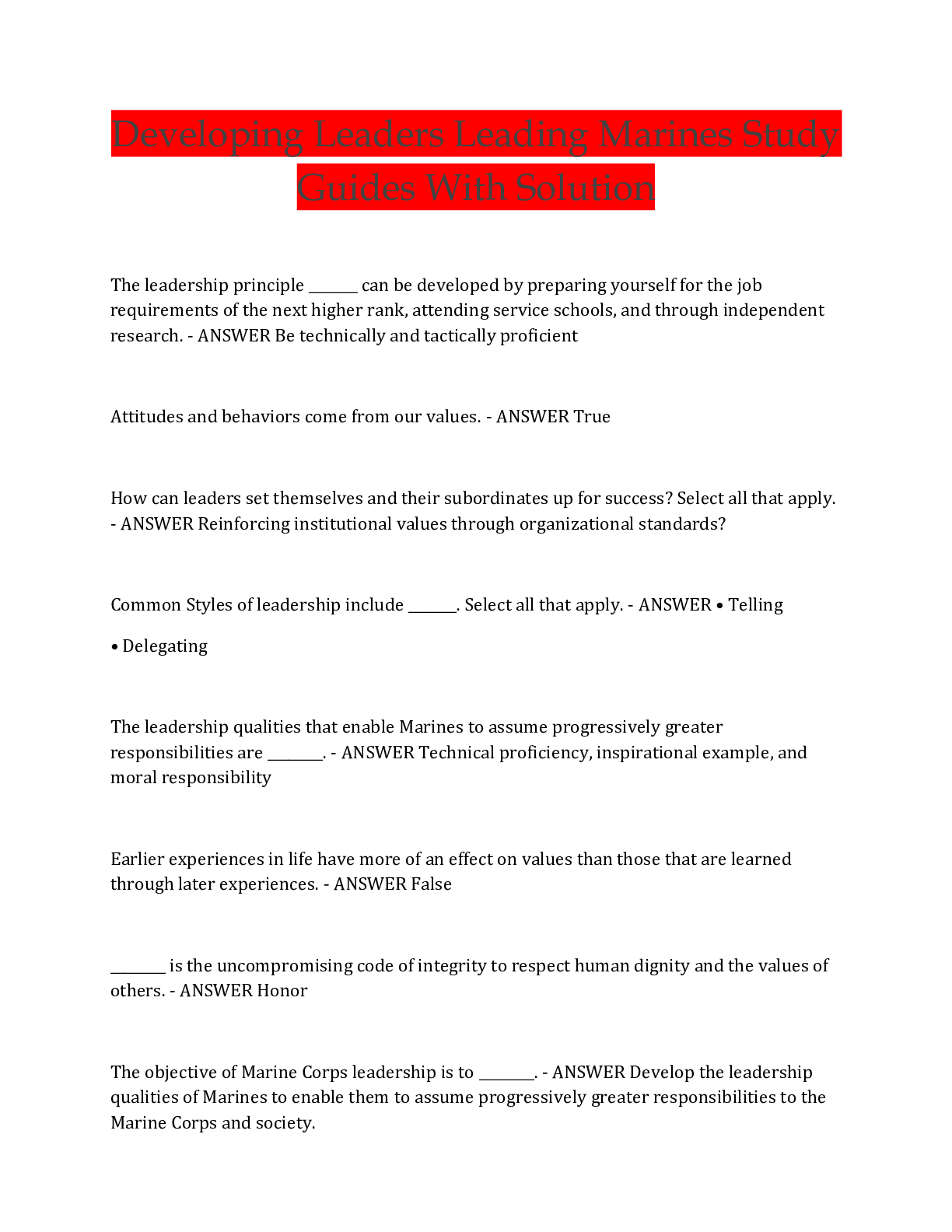 Preview of Developing Leaders Leading Marines Study  Guides With Solution